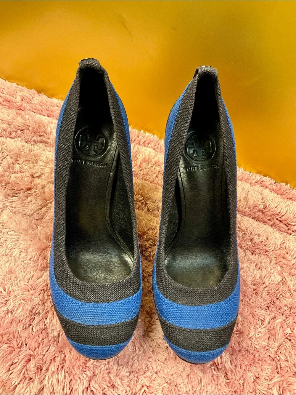 Tory Burch Blue and Black Striped Platform Pumps